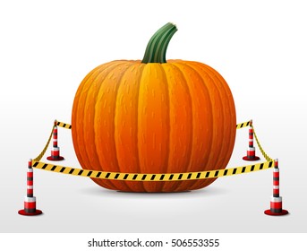 Pumpkin fruit located in restricted area. Winter squash surrounded barrier tape. Vector illustration