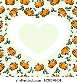 Pumpkin fruit love heart frame, seamless pattern background. Scalable and editable vector.