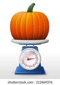 Pumpkin fruit on scale pan. Weighing winter squash on scales. Qualitative vector (EPS-10) illustration for agriculture, vegetables, cooking, halloween, gastronomy, thanksgiving, olericulture, etc