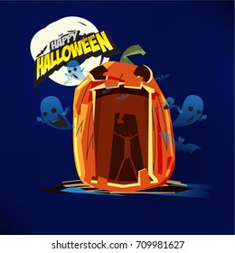 Pumpkin fruit seem like screaming with fullmoon in background. halloween concept. Halloween logotype   - vector illustration 