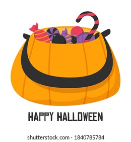 Kürbis voll mit Süßigkeiten, Vektorgrafik einzeln. Illustration des Banners zu Halloween Feiertag. Orange Oktobersymbol für geile Feiertage. Lollipop, Süßigkeiten. Probieren oder behandeln.