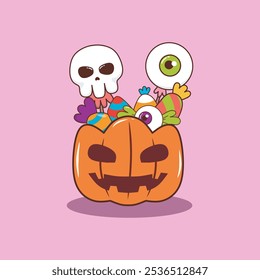 Pumpkin Full of Candy Cartoon Halloween. Trick or treat Halloween. Candy Halloween.