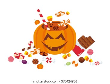 Pumpkin full of candy. Halloween illustration on a white background. Festive vector background. Funny illustration. Cartoon Character Halloween pumpkin. Halloween background. Halloween pumpkin cartoon