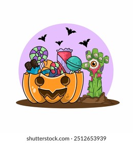 Kürbis voll von Süßigkeiten und untoten Hand Cartoon Halloween. Trick or treat Halloween. Candy Halloween. Süßigkeiten mit Monster-Kürbis und untoten Hand und Fledermaus. 