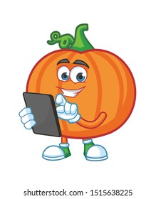 pumpkin with gadget cartoon mascot character vector
