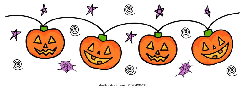 Pumpkin garland on white background. The main symbol of the Happy Halloween holiday. Orange pumpkin with smile for your design for the holiday Halloween. Vector illustration
