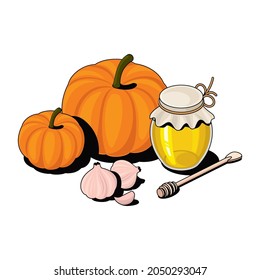 Pumpkin, garlic and honey. Vector 3d sketch line isometric, color icon illustration, flat style. Creative design idea and elements for infographics and website.