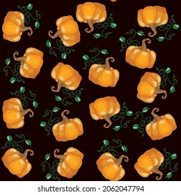 Pumpkin. General autumn orange round in cartoon style. Seamless pattern on a brown background. Vector stock illustration.