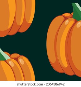 Pumpkin. General autumn orange round in cartoon style. Seamless pattern on a dark green background. Vector stock illustration.