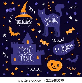 A pumpkin, a ghost, a bat and other Halloween-themed items. Bright cartoon template for Halloween