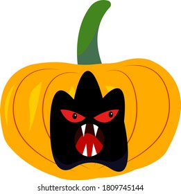 Pumpkin Ghost with black face open mouth and evil red eyes object on white background concept of halloween and mysticism traditional plant