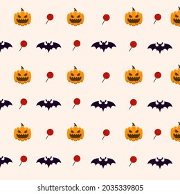 pumpkin ghost, candy and bat cartoon pattern background design for halloween day
