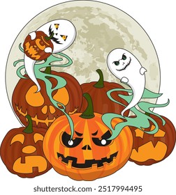 pumpkin ghost creepy look in full moon vector