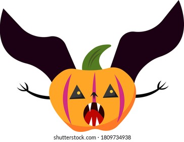 Pumpkin Ghost with dark wings, Carved triangular eyes and open mouth with sharp fangs. Object on white background. Halloween and mysticism concept