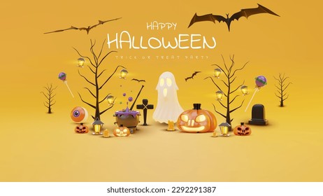 Pumpkin with ghost elements and bat with 3d realistic halloween ornament. Happy halloween sale banner template background. Vector illustration.