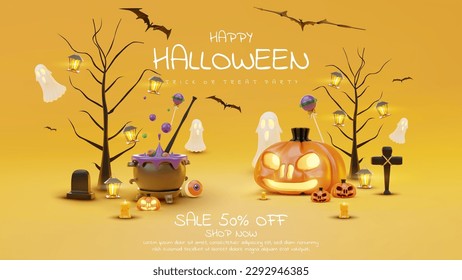 Pumpkin with ghost elements and bat with 3d realistic halloween ornament. Happy halloween sale banner template background. Vector illustration.