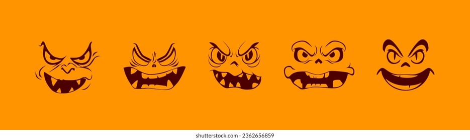 Pumpkin and ghost face set. Halloween funny and scary cartoon faces illustration. Vector isolated on orange background