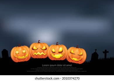 Pumpkin ghost and grave appear on full moon night illustrator Vector 