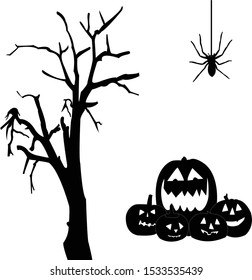 pumpkin ghost halloween with black spider and tree illustration. halloween vector.