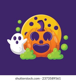 Pumpkin And Ghost Halloween Cartoon Illustration