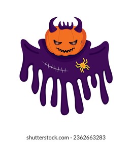 Pumpkin ghost with horns and burns brightly. Ghost and spider. Vector for Halloween day. Illustration for Halloween day for postcards, card, stickers, web element and announcements of the party.
