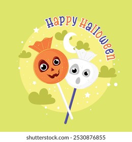 Pumpkin and ghost lollipops with Happy Halloween text, Vector