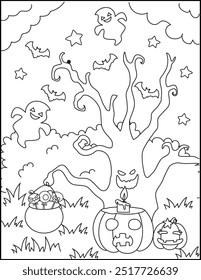 pumpkin, ghost, magic tree. Coloring book page for kids. Halloween theme. Magical creatures celebrate the holiday. 