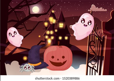 pumpkin with ghost on halloween scene