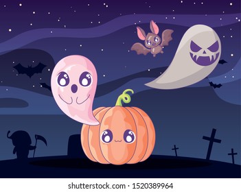 pumpkin with ghost on halloween scene