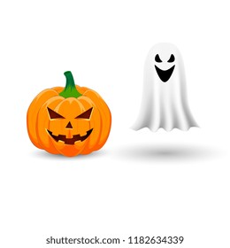 Pumpkin and ghost on white background. The main symbol of the Happy Halloween holiday. Orange pumpkin with smile for your design for the holiday Halloween. Vector illustration.