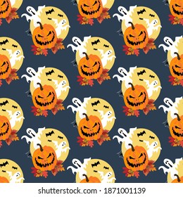 Pumpkin and ghost seamless pattern illustration on the blue background. Vector illustration
