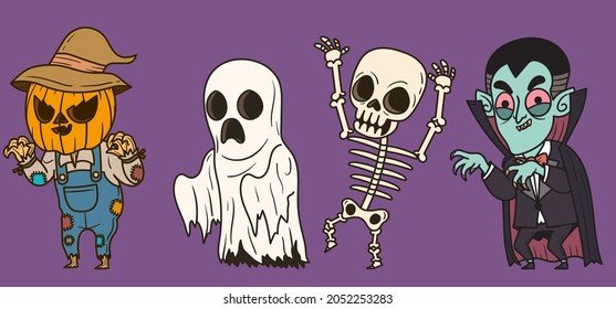Pumpkin, Ghost, Skeleton and Dracula character