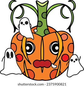 Calabaza y fantasmas están aquí diciendo "Feliz Halloween"