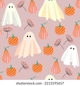Pumpkin and ghosts on a pink background. Seamless pattern. Halloween vector pattern. Children's pattern. Vector illustration in cartoon style.