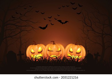 Pumpkin ghosts and tombstones appear in the grim forest. and a flock of flying bats background for halloween.