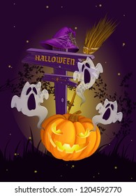 Pumpkin, ghosts, a witch's broom and an old wooden sign that reads Halloween. Vector cartoon Halloween card. Night stars