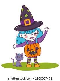 pumpkin girl costume wearing hat with cat