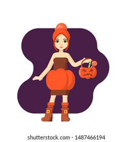 pumpkin girl with packet of sweets in cartoon style. suitable as baby illustration or for mobile applications