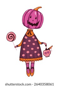 Pumpkin girl in a sundress with polka dots, holding a candy and a cute skull handbag. For Halloween card design. Typical pumpkin-attribute of Halloween. Pumpkin girl. Isolated cartoon figure. 