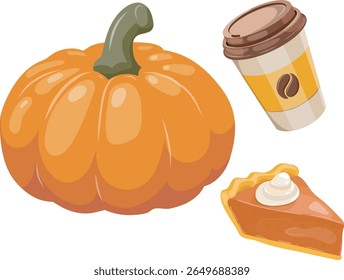 Pumpkin, glass of coffee and piece of pumpkin pie on white background