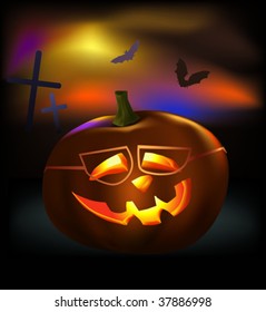 Pumpkin with glasses on. Vector illustration.