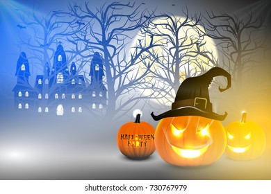 Pumpkin glowing in darkness, Halloween background