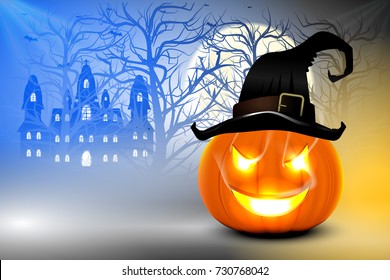 Pumpkin glowing in darkness, Halloween background