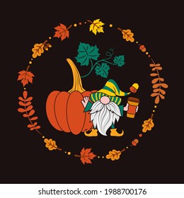 
Pumpkin and gnome with a cup of spicy pumpkin drink in a frame of autumn leaves. Holiday card. Vector fall design.