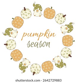  Pumpkin and gnomes wreath. illustration for fall designs Pumpkins and gnomes in autumn colors Vector illustration
