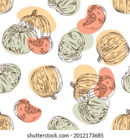 Pumpkin graphic ink vector colorful illustration, hand drawing sketch, seamless pattern for restaurant menu, autumn holiday symbol, harvesting, wallpaper, textiles, packaging design