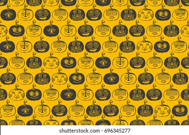 Pumpkin graphic ink vector illustration, hand drawn engraved vintage sketch, seamless pattern for restaurant menu, symbol autumn holiday, wallpaper, textile, package design. Seamless pattern on yellow