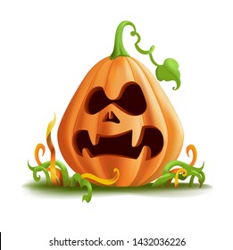 Pumpkin and grass. Jack o'lantern isolated on white background. Ghost or demonic face.  Vector cartoon illustration.
