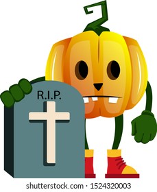 Pumpkin with grave, illustration, vector on white background.