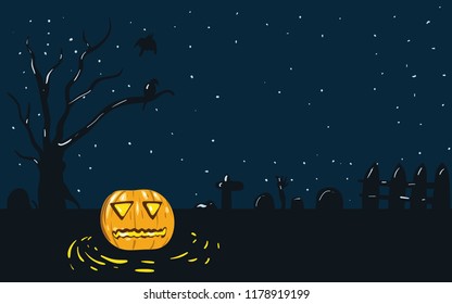 Pumpkin in graveyard helloween hand drawn vector illustration template